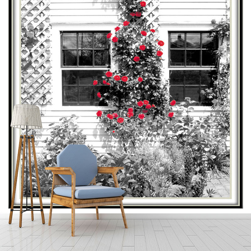 Stain-Resistant Blossoming Window Wall Art Non-Woven Fabric Wall Mural Decal for Home Decor Red-Gray Clearhalo 'Wall Decor' 'Wall Mural' 1061625