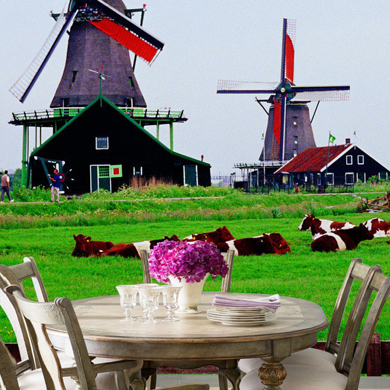 Fresh Grass and Windmill Mural Wallpaper for Bedroom Decor Natural Scenery Wall Art, Made to Measure Red-Green Clearhalo 'Wall Decor' 'Wall Mural' 1061645