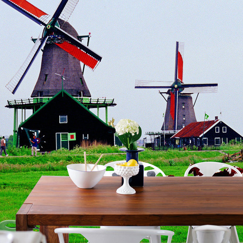 Fresh Grass and Windmill Mural Wallpaper for Bedroom Decor Natural Scenery Wall Art, Made to Measure Clearhalo 'Wall Decor' 'Wall Mural' 1061646