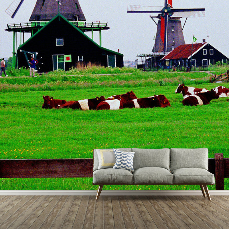 Fresh Grass and Windmill Mural Wallpaper for Bedroom Decor Natural Scenery Wall Art, Made to Measure Clearhalo 'Wall Decor' 'Wall Mural' 1061647