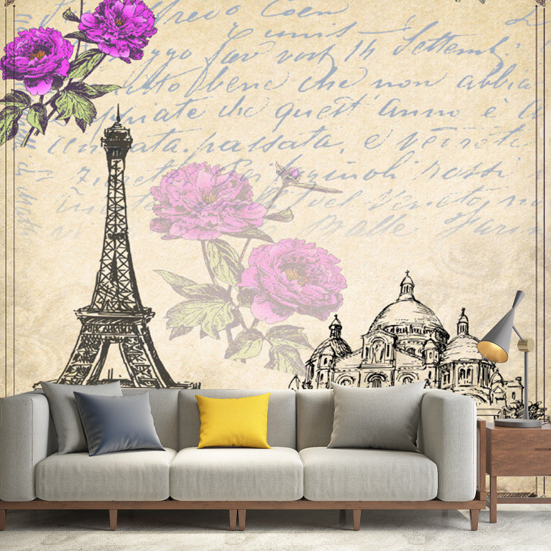 Retro Eiffel Tower Mural Wallpaper in Soft Brown Girl's Bedroom Wall Covering, Personalized Size Available Brown Clearhalo 'Wall Decor' 'Wall Mural' 1061660