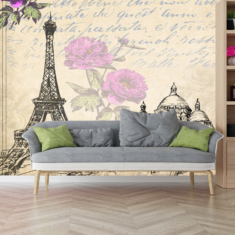 Retro Eiffel Tower Mural Wallpaper in Soft Brown Girl's Bedroom Wall Covering, Personalized Size Available Clearhalo 'Wall Decor' 'Wall Mural' 1061661