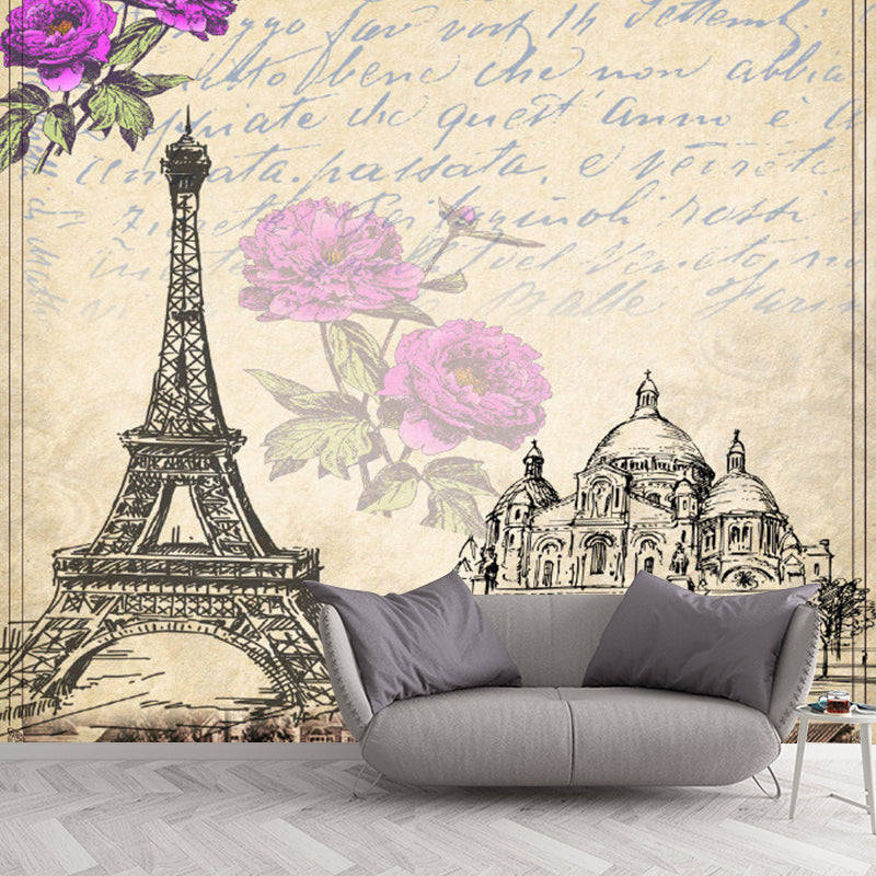 Retro Eiffel Tower Mural Wallpaper in Soft Brown Girl's Bedroom Wall Covering, Personalized Size Available Clearhalo 'Wall Decor' 'Wall Mural' 1061662