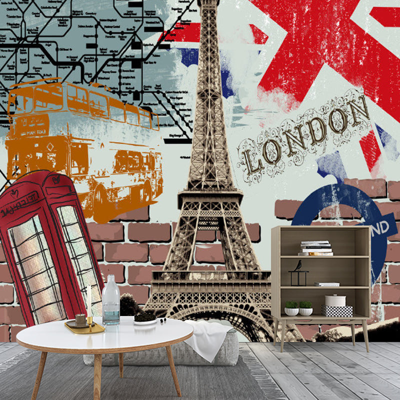 Red and Brown Eiffel Mural Wallpaper Moisture-Resistant Wall Covering for Coffee Shop Decoration Red Brown Clearhalo 'Wall Decor' 'Wall Mural' 1061665