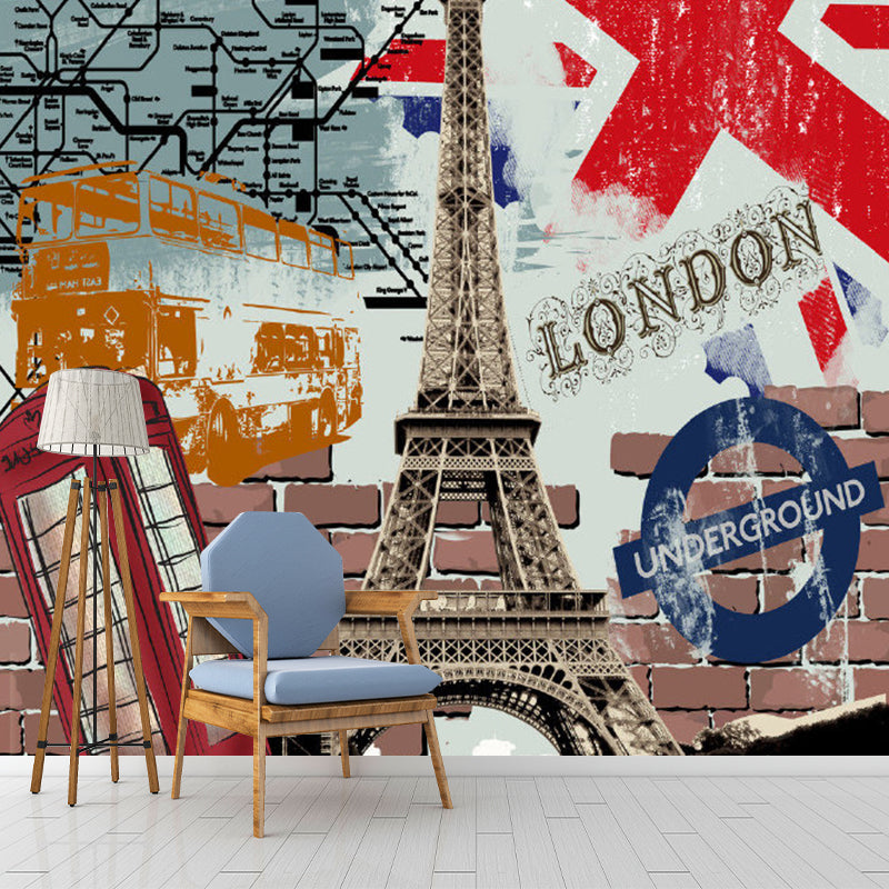 Red and Brown Eiffel Mural Wallpaper Moisture-Resistant Wall Covering for Coffee Shop Decoration Clearhalo 'Wall Decor' 'Wall Mural' 1061667