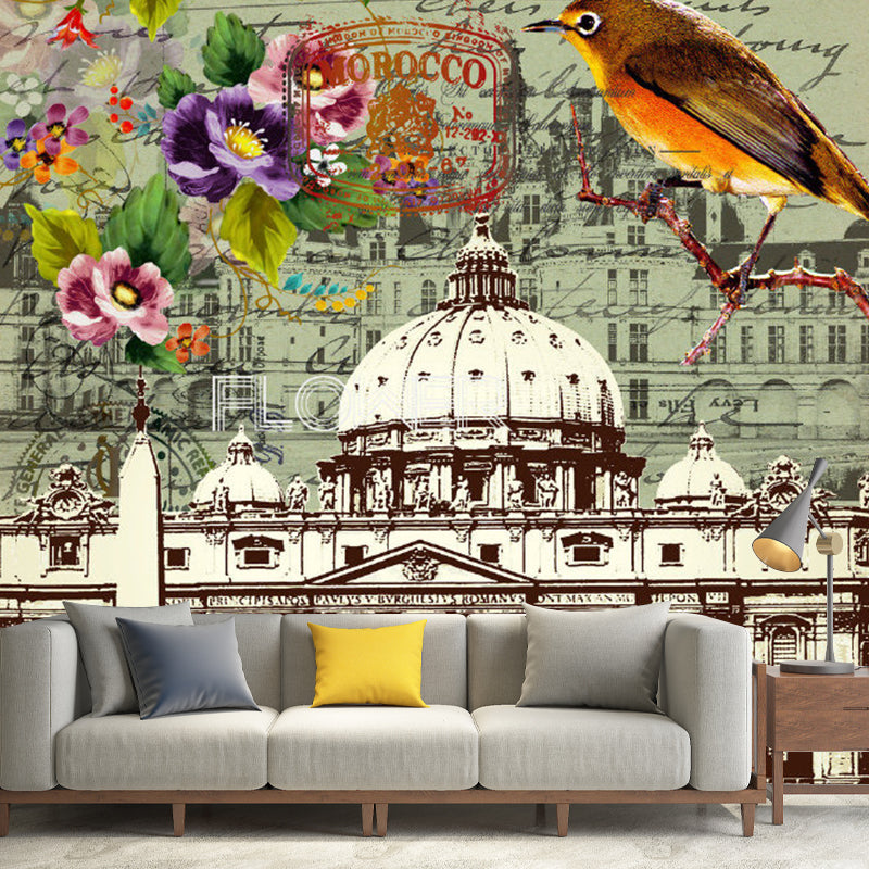 Illustration Dome Building Wall Mural Full Size Wall Art for Accent Wall in Brown, Made to Measure Brown Clearhalo 'Wall Decor' 'Wall Mural' 1061670