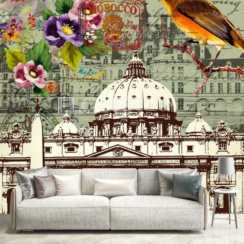 Illustration Dome Building Wall Mural Full Size Wall Art for Accent Wall in Brown, Made to Measure Clearhalo 'Wall Decor' 'Wall Mural' 1061672