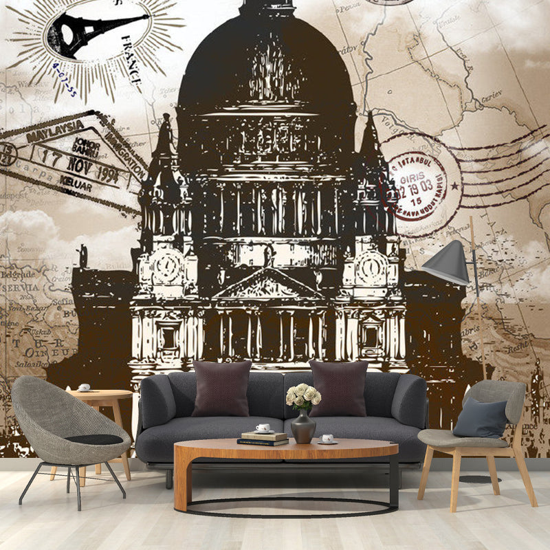 Enormous Illustration Retro Wall Mural for Coffee Shop with Dome Building and Butterfly Design in Brown Brown Clearhalo 'Wall Decor' 'Wall Mural' 1061685