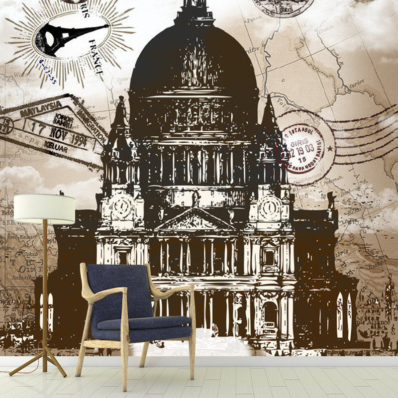 Enormous Illustration Retro Wall Mural for Coffee Shop with Dome Building and Butterfly Design in Brown Clearhalo 'Wall Decor' 'Wall Mural' 1061687