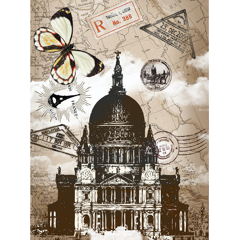 Enormous Illustration Retro Wall Mural for Coffee Shop with Dome Building and Butterfly Design in Brown Clearhalo 'Wall Decor' 'Wall Mural' 1061688