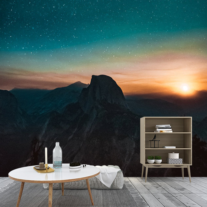 Full Night Sky Mural Wallpaper in Blue and Orange Non-Woven Fabric Wall Covering for Accent Wall, Custom-Made Clearhalo 'Wall Decor' 'Wall Mural' 1061781