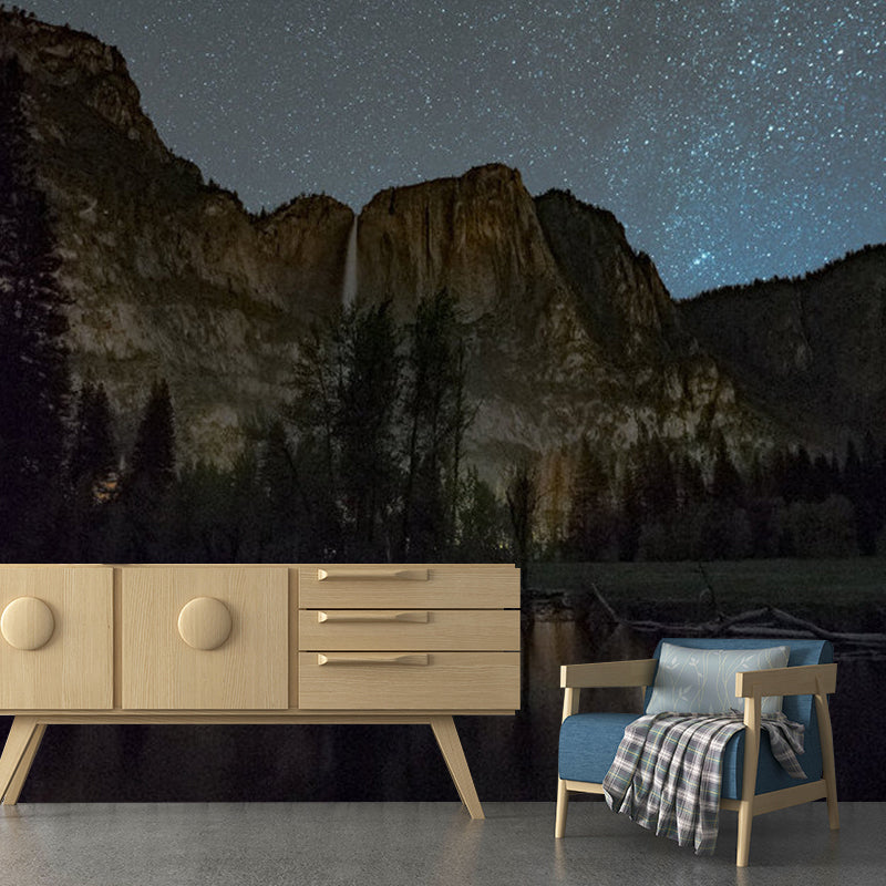 Modern Mountain and Stars Mural for Home Decoration, Custom-Printed Wall Art in Blue and Brown Clearhalo 'Wall Decor' 'Wall Mural' 1061801