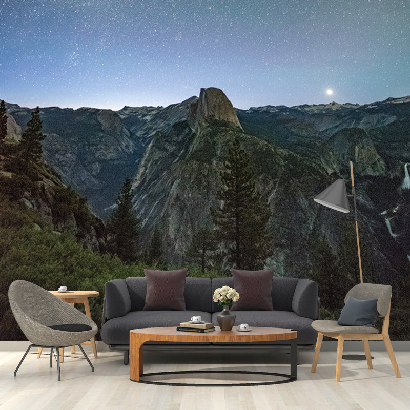 Enormous Photography Simple Mural Wallpaper for Accent Wall with Galaxy and Mountain Design in Blue Blue Clearhalo 'Wall Decor' 'Wall Mural' 1061810