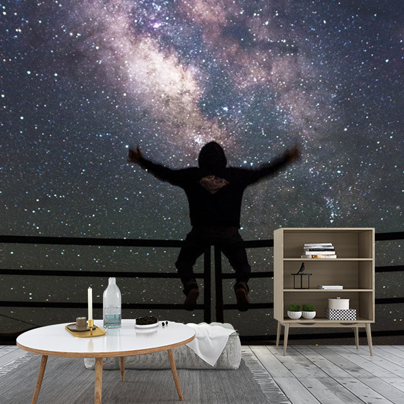 Decorative Galaxy and Man Mural Non-Woven Fabric Contemporary Wall Art for Guest Room Purple Clearhalo 'Wall Decor' 'Wall Mural' 1061820