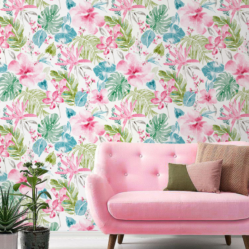 Blossoming Flower and Leaves Wallpaper in Natural Color Non-Woven Fabric Wall Decor for Guest Room, 33' x 20.5