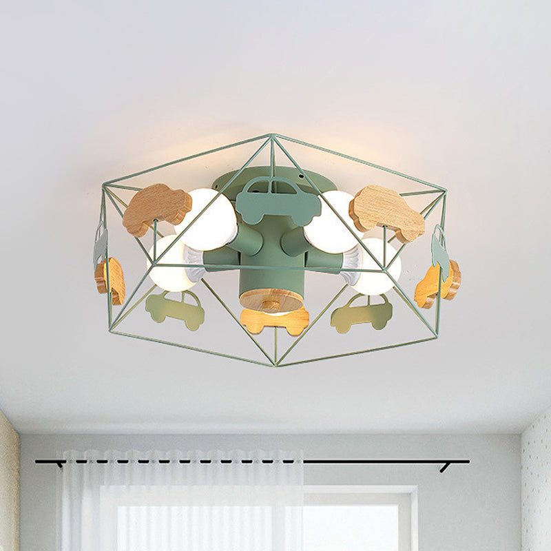 Pentagon Frame Semi Mount Lighting Macaron Metal 5 Bulbs Grey/Green/Pink Finish Close to Ceiling Lamp with Wooden Car Deco Green Clearhalo 'Ceiling Lights' 'Close To Ceiling Lights' 'Close to ceiling' 'Semi-flushmount' Lighting' 1062482