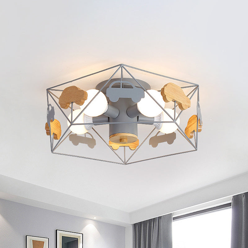 Pentagon Frame Semi Mount Lighting Macaron Metal 5 Bulbs Grey/Green/Pink Finish Close to Ceiling Lamp with Wooden Car Deco Grey Clearhalo 'Ceiling Lights' 'Close To Ceiling Lights' 'Close to ceiling' 'Semi-flushmount' Lighting' 1062486