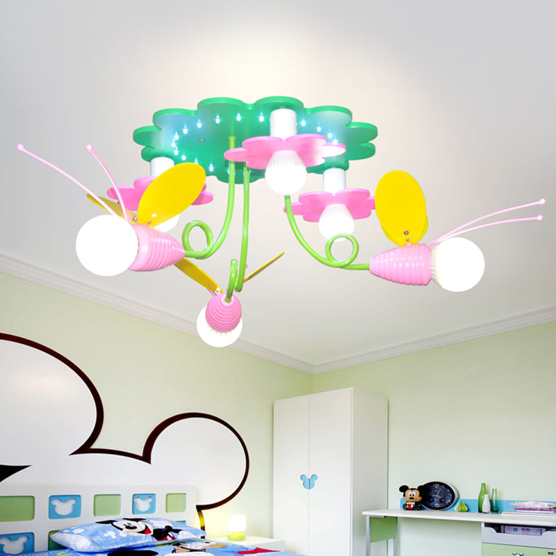 Bee-Like Wood Semi Flush Light Fixture Cartoon 6 Heads Green and Pink Flush Ceiling Lamp Green-Pink Clearhalo 'Ceiling Lights' 'Close To Ceiling Lights' 'Close to ceiling' 'Semi-flushmount' Lighting' 1062490