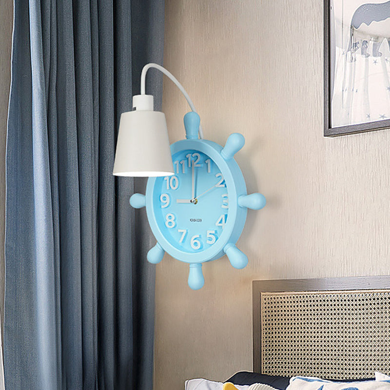 Clock Wall Mounted Light with Rudder Design Kids Metal 1 Light Pink/Blue Finish Wall Lamp Fixture for Bedside Clearhalo 'Wall Lamps & Sconces' 'Wall Lights' Lighting' 1062503