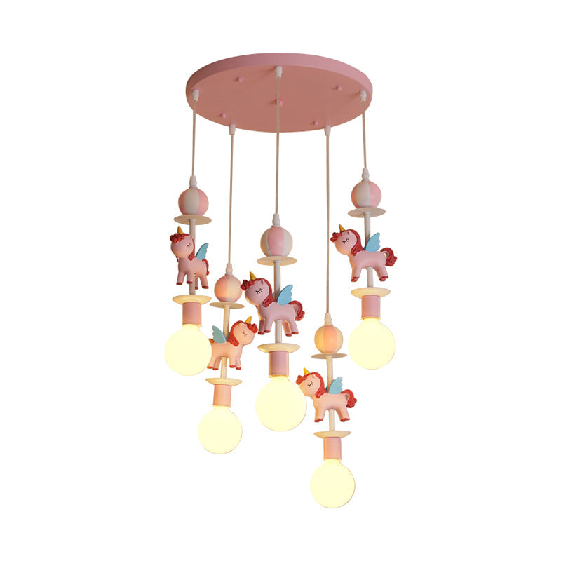 Unicorn Shape Multi Ceiling Light Cartoon Resin 5 Bulbs Pink/Blue Finish Hanging Lamp Kit with Round Canopy Clearhalo 'Ceiling Lights' 'Pendant Lights' 'Pendants' Lighting' 1062565