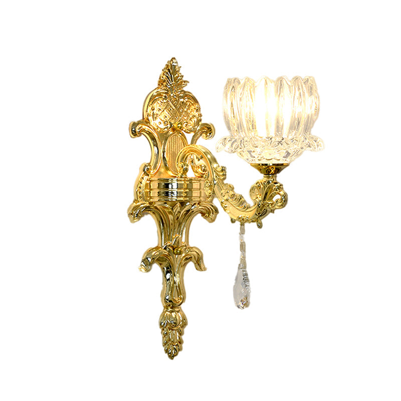 Clear Crystal Gold Wall Mount Light Lotus Shade 1/2-Head Mid Century Wall Lamp Sconce Clearhalo 'Wall Lamps & Sconces' 'Wall Lights' Lighting' 1062779