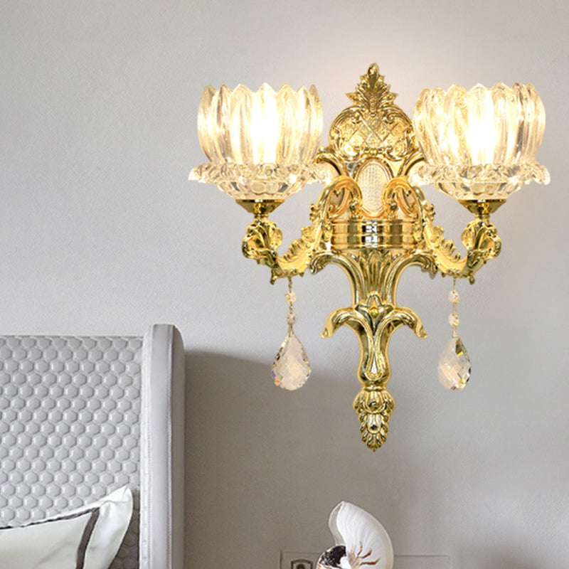 Clear Crystal Gold Wall Mount Light Lotus Shade 1/2-Head Mid Century Wall Lamp Sconce Clearhalo 'Wall Lamps & Sconces' 'Wall Lights' Lighting' 1062783