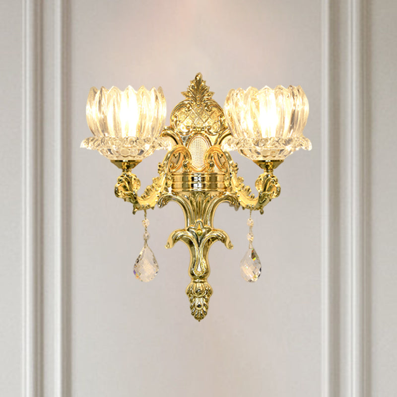 Clear Crystal Gold Wall Mount Light Lotus Shade 1/2-Head Mid Century Wall Lamp Sconce Clearhalo 'Wall Lamps & Sconces' 'Wall Lights' Lighting' 1062784