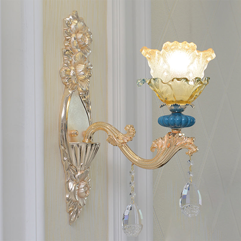 1/2-Bulb Floral Wall Lamp Fixture Traditional Gold Finish Crystal Wall Mounted Lighting Clearhalo 'Wall Lamps & Sconces' 'Wall Lights' Lighting' 1062789