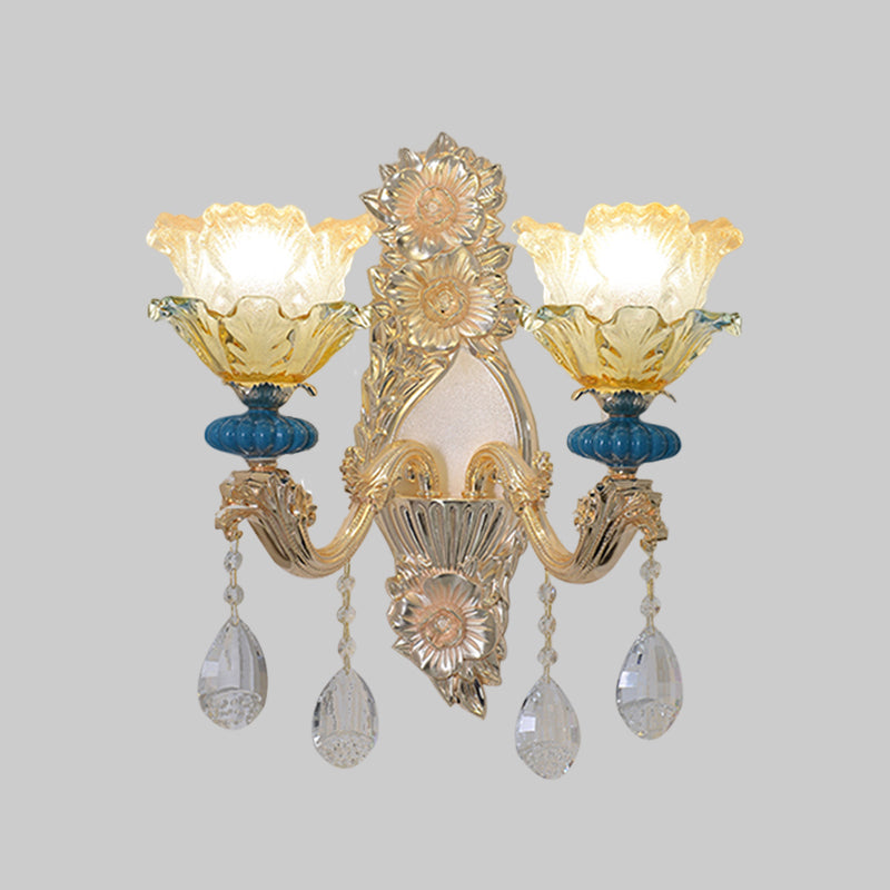 1/2-Bulb Floral Wall Lamp Fixture Traditional Gold Finish Crystal Wall Mounted Lighting Clearhalo 'Wall Lamps & Sconces' 'Wall Lights' Lighting' 1062795