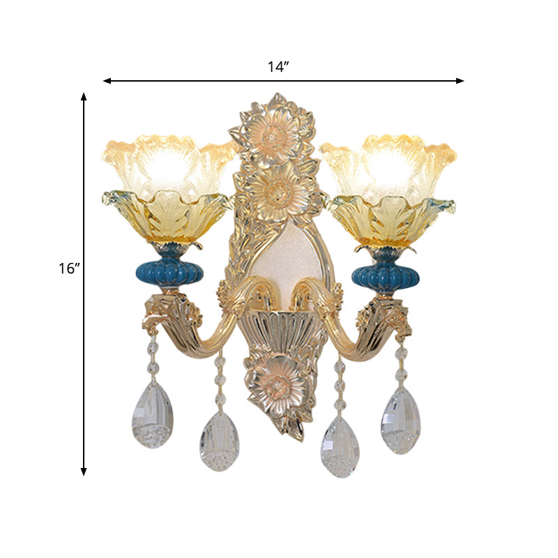 1/2-Bulb Floral Wall Lamp Fixture Traditional Gold Finish Crystal Wall Mounted Lighting Clearhalo 'Wall Lamps & Sconces' 'Wall Lights' Lighting' 1062796