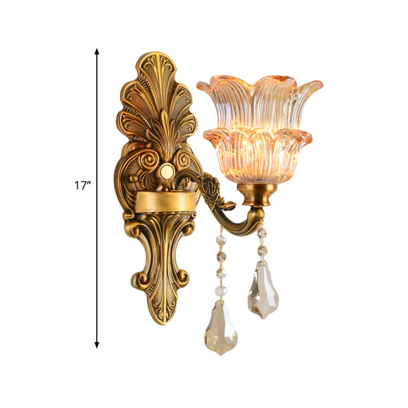 Brass 1/2-Head Sconce Lighting Mid Century Clear Crystal Glass Flower Shade Wall Lamp Clearhalo 'Wall Lamps & Sconces' 'Wall Lights' Lighting' 1062800