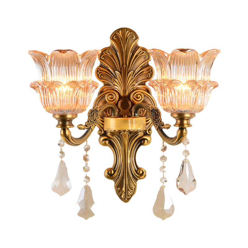 Brass 1/2-Head Sconce Lighting Mid Century Clear Crystal Glass Flower Shade Wall Lamp Clearhalo 'Wall Lamps & Sconces' 'Wall Lights' Lighting' 1062803