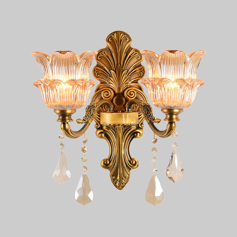 Brass 1/2-Head Sconce Lighting Mid Century Clear Crystal Glass Flower Shade Wall Lamp Clearhalo 'Wall Lamps & Sconces' 'Wall Lights' Lighting' 1062804