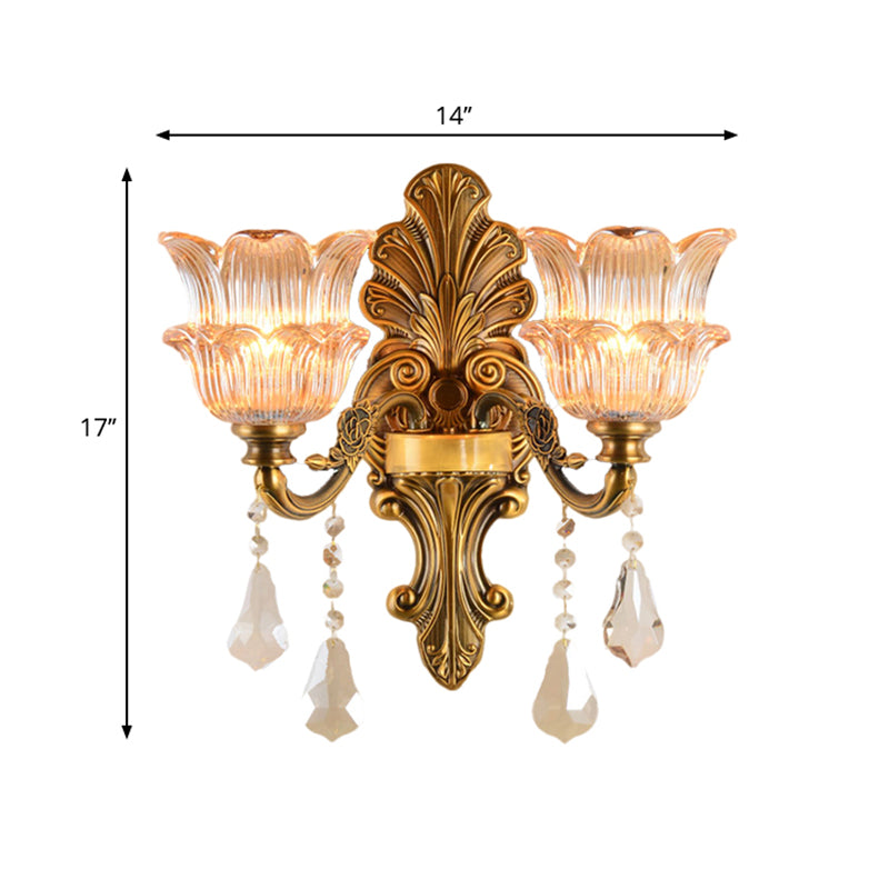 Brass 1/2-Head Sconce Lighting Mid Century Clear Crystal Glass Flower Shade Wall Lamp Clearhalo 'Wall Lamps & Sconces' 'Wall Lights' Lighting' 1062805