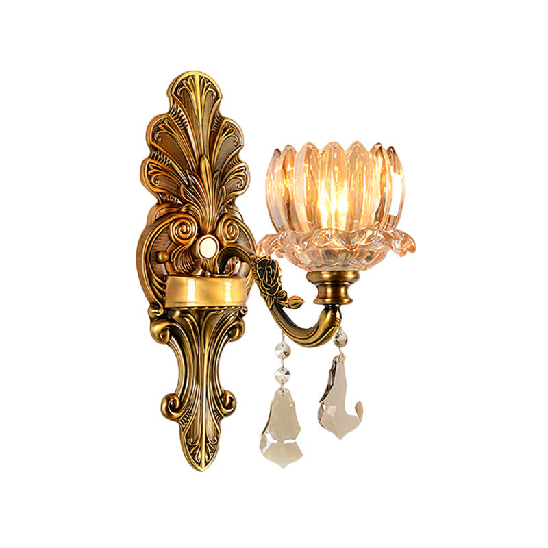 Mid Century Flower Shade Wall Sconce Light 1/2-Light Clear Glass Wall Mount Lamp in Brass Clearhalo 'Wall Lamps & Sconces' 'Wall Lights' Lighting' 1062807