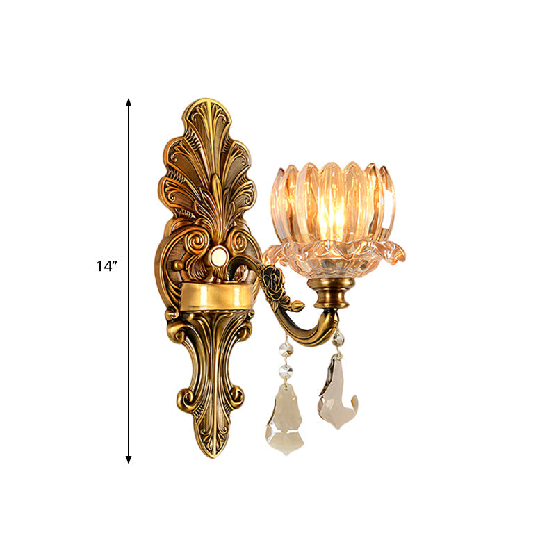 Mid Century Flower Shade Wall Sconce Light 1/2-Light Clear Glass Wall Mount Lamp in Brass Clearhalo 'Wall Lamps & Sconces' 'Wall Lights' Lighting' 1062809