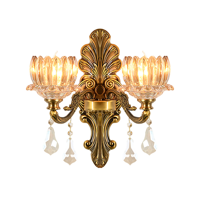 Mid Century Flower Shade Wall Sconce Light 1/2-Light Clear Glass Wall Mount Lamp in Brass Clearhalo 'Wall Lamps & Sconces' 'Wall Lights' Lighting' 1062813