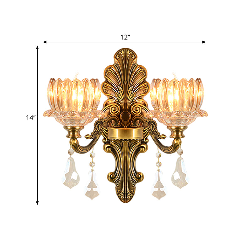 Mid Century Flower Shade Wall Sconce Light 1/2-Light Clear Glass Wall Mount Lamp in Brass Clearhalo 'Wall Lamps & Sconces' 'Wall Lights' Lighting' 1062814