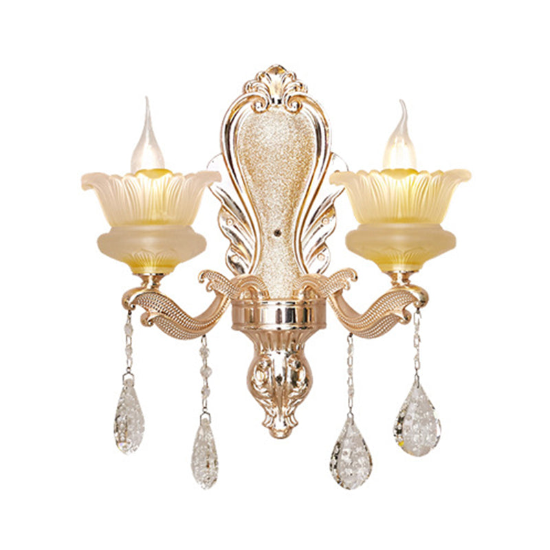 Ribbed Glass Flower Shade Sconce Lamp Mid Century 2 Lights Indoor Wall Mounted Lighting in Gold Clearhalo 'Wall Lamps & Sconces' 'Wall Lights' Lighting' 1062826