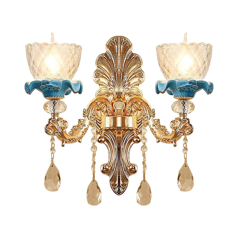 Clear Latticed Glass Flower Sconce Lamp Mid Century 1/2-Head Living Room Wall Mounted Lamp in Gold Clearhalo 'Wall Lamps & Sconces' 'Wall Lights' Lighting' 1062856