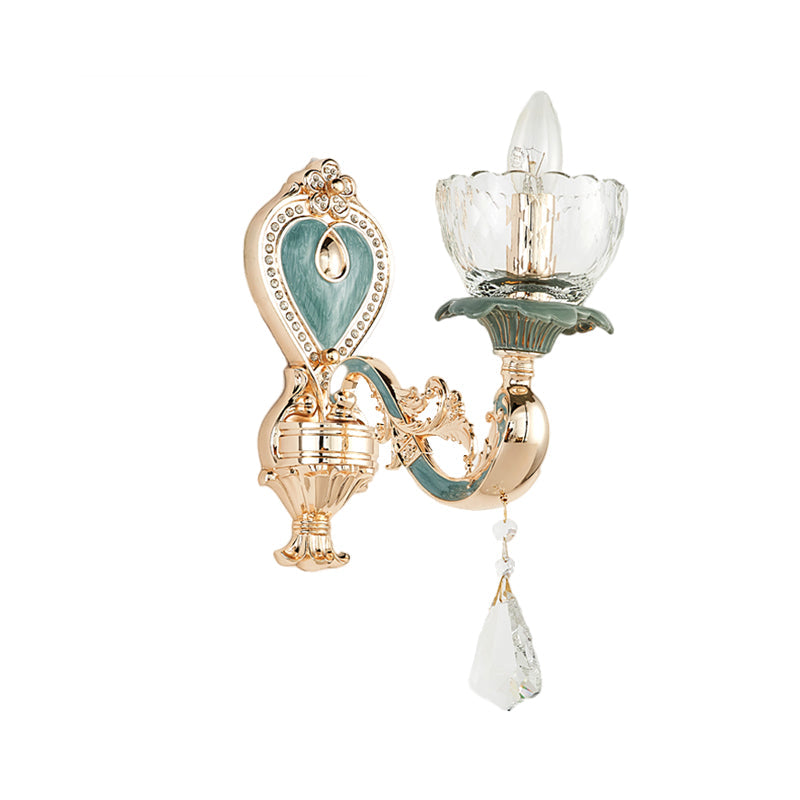 Blue and Gold Single Sconce Light Fixture Traditional Crystal Curved Arm Wall Lighting Idea Clearhalo 'Wall Lamps & Sconces' 'Wall Lights' Lighting' 1062860