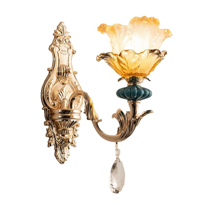 1 Light Wall Lighting with Floral Shade Amber Crystal Traditional Bedside Wall Mounted Lamp in Gold Clearhalo 'Wall Lamps & Sconces' 'Wall Lights' Lighting' 1062873