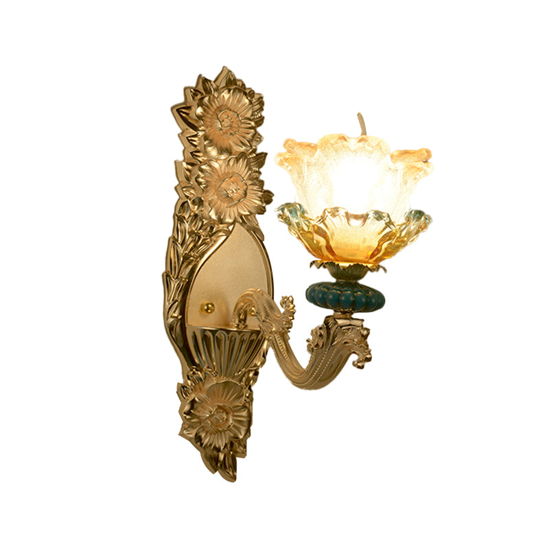 Amber and Clear Glass Gold Wall Lamp Floral Shade Single Light Mid-Century Wall Sconce Clearhalo 'Wall Lamps & Sconces' 'Wall Lights' Lighting' 1062885