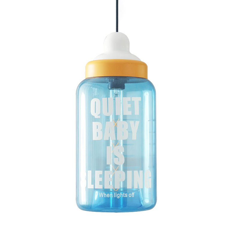 Kids Style Milk Bottle Drop Pendant Blue Glass 1-Head Baby Room Hanging Ceiling Light Clearhalo 'Ceiling Lights' 'Glass shade' 'Glass' 'Pendant Lights' 'Pendants' Lighting' 1063031