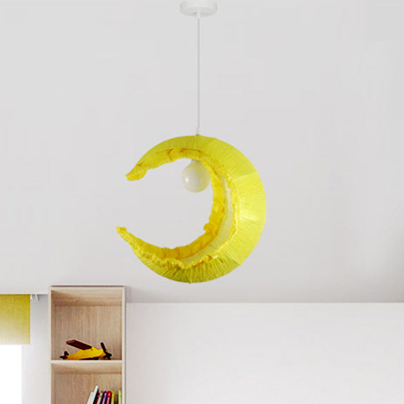 Yellow Crescent Pendulum Light Macaron 1-Light Fabric Hanging Pendant over Table, 12