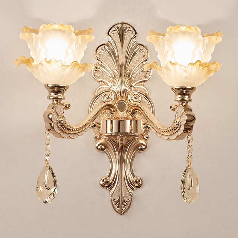 Layered Lettuce-Edge Chamber Wall Lamp Antique Frosted Glass 1/2-Light Gold Sconce Light Fixture Clearhalo 'Wall Lamps & Sconces' 'Wall Lights' Lighting' 1063069