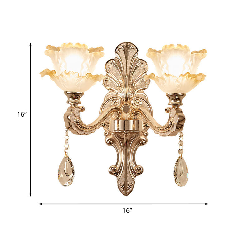 Layered Lettuce-Edge Chamber Wall Lamp Antique Frosted Glass 1/2-Light Gold Sconce Light Fixture Clearhalo 'Wall Lamps & Sconces' 'Wall Lights' Lighting' 1063070