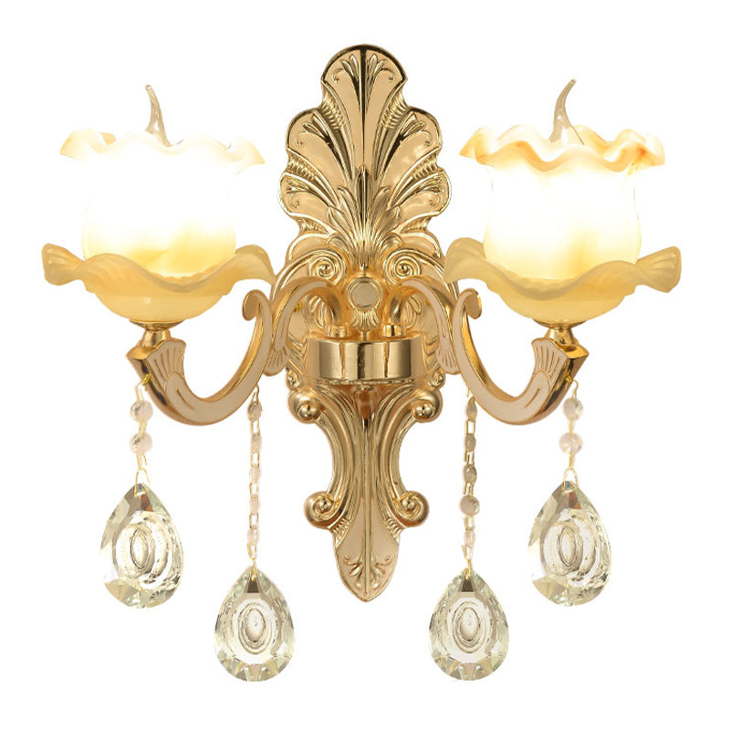 Vintage Ruffled Sconce Lighting 1/2-Head Frosted Glass Wall Mount Fixture in Gold for Bathroom Clearhalo 'Wall Lamps & Sconces' 'Wall Lights' Lighting' 1063103