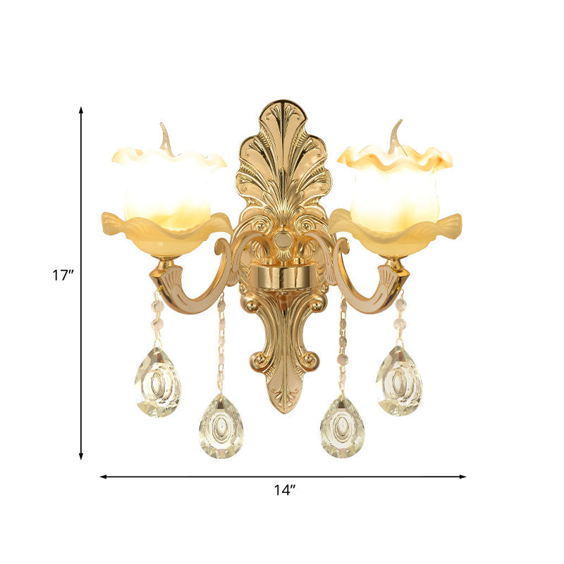 Vintage Ruffled Sconce Lighting 1/2-Head Frosted Glass Wall Mount Fixture in Gold for Bathroom Clearhalo 'Wall Lamps & Sconces' 'Wall Lights' Lighting' 1063105