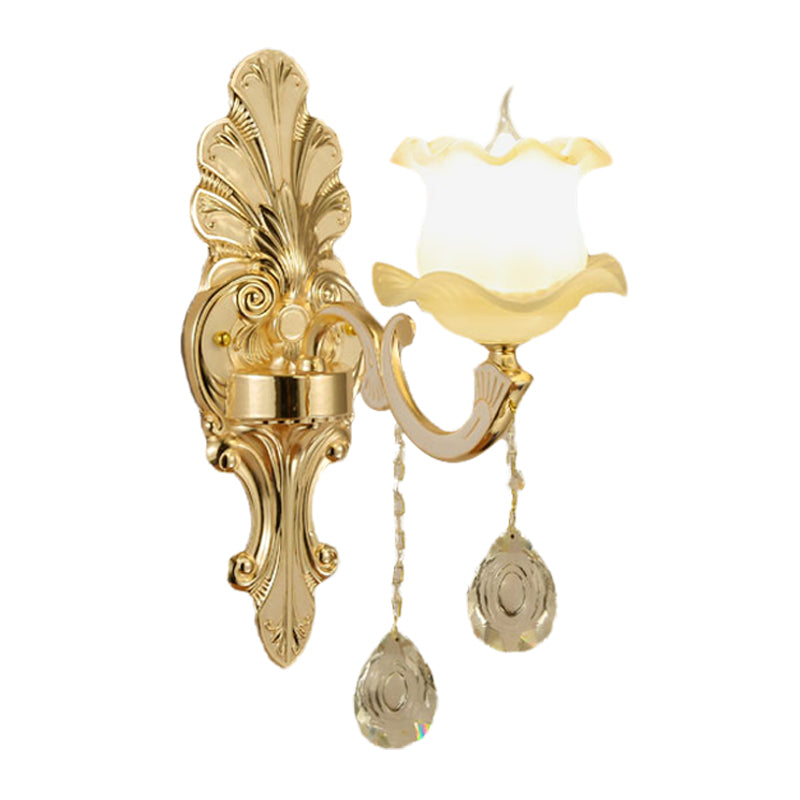 Vintage Ruffled Sconce Lighting 1/2-Head Frosted Glass Wall Mount Fixture in Gold for Bathroom Clearhalo 'Wall Lamps & Sconces' 'Wall Lights' Lighting' 1063109